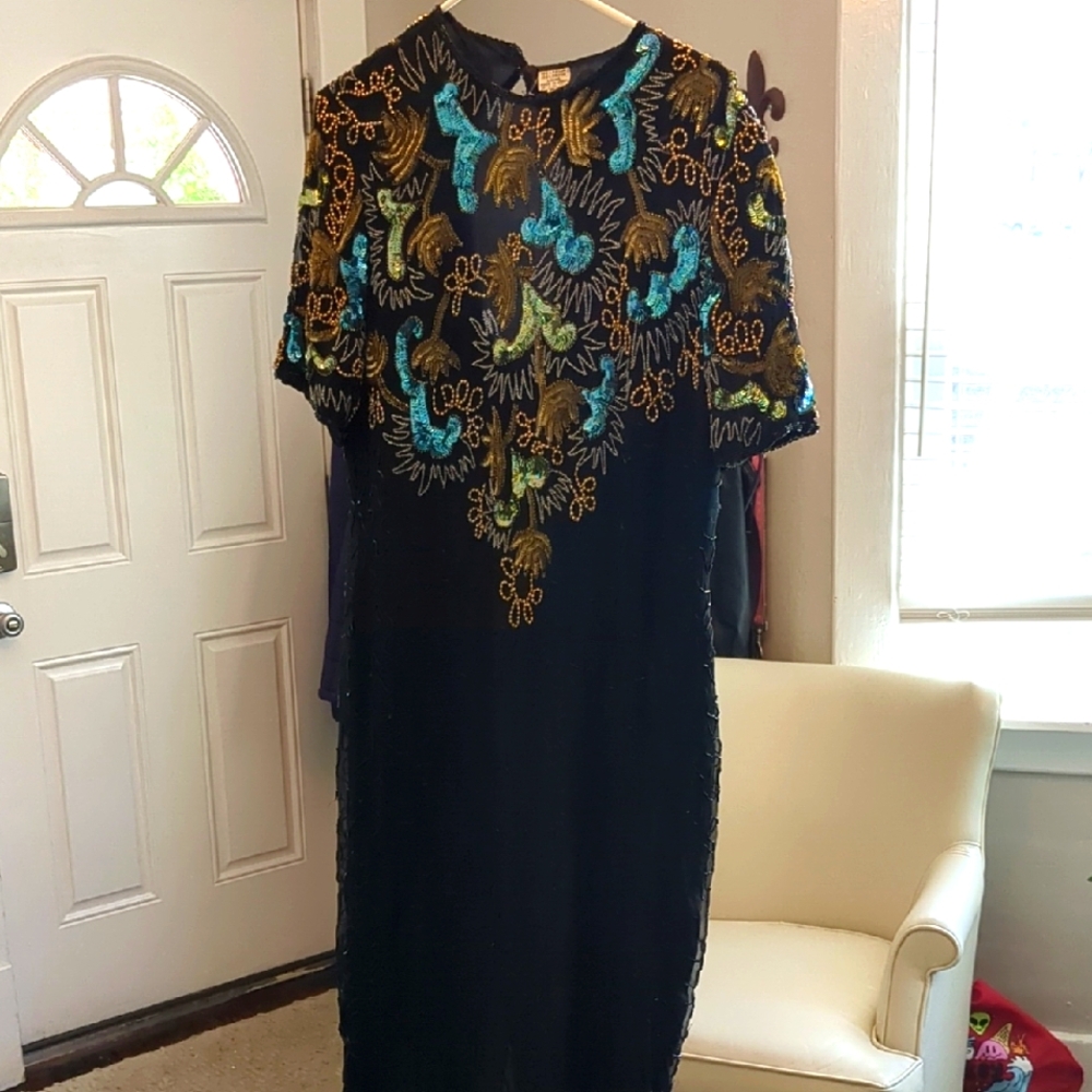 Vintage Beaded Black Dress Open Back Size M